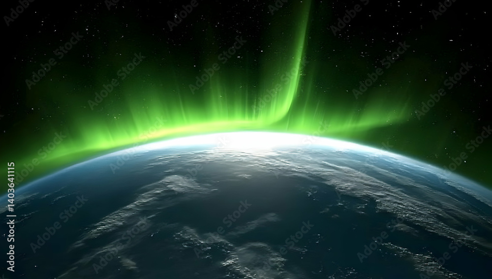 Fototapeta premium Striking Green Aurora Borealis Over Earth in Deep Space Night Sky with Star Field