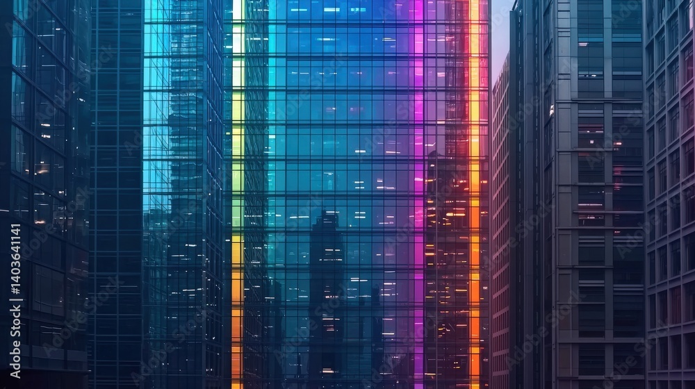 Fototapeta premium A vibrant urban scene featuring modern glass buildings illuminated with colorful neon lights.