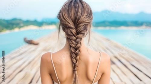 Woman with braid on a wooden dock, beautiful scenery