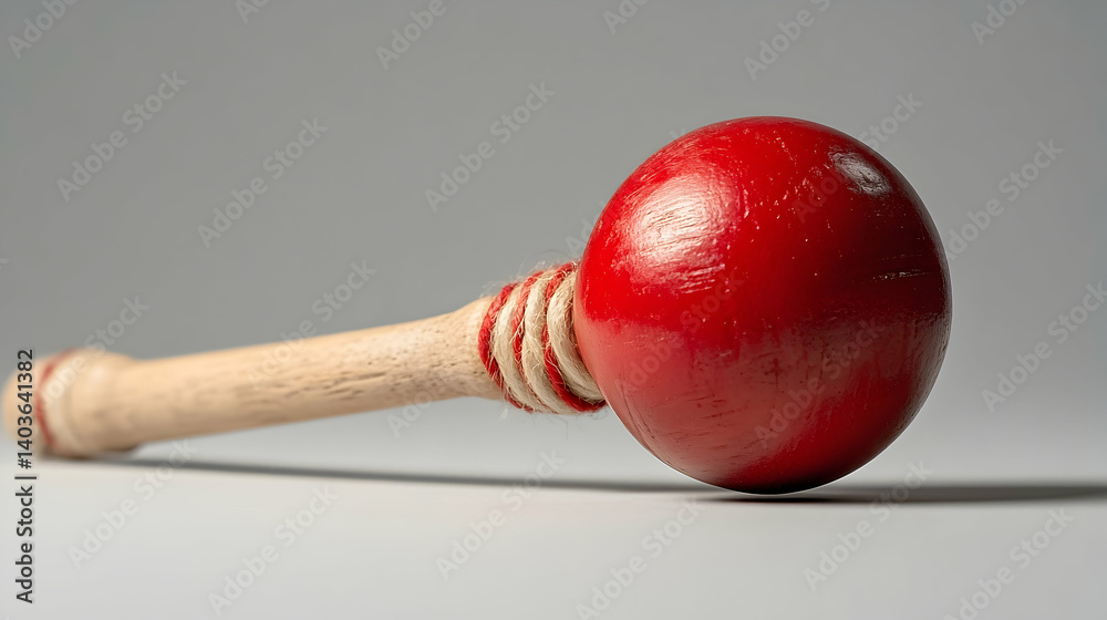 Studio Shot of a Wooden Red Maraca with White Strips on a White Background Studio Shot of a Wooden Red Maraca with White Strips on a White Background