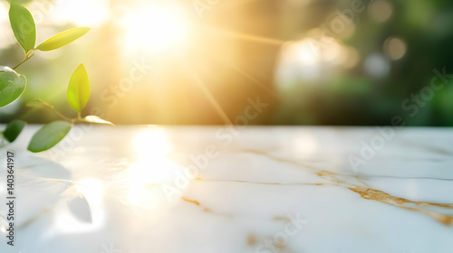 Sunlight and Leaf on Marble Tabletop with Blurred Green Background for Product Display Presentation