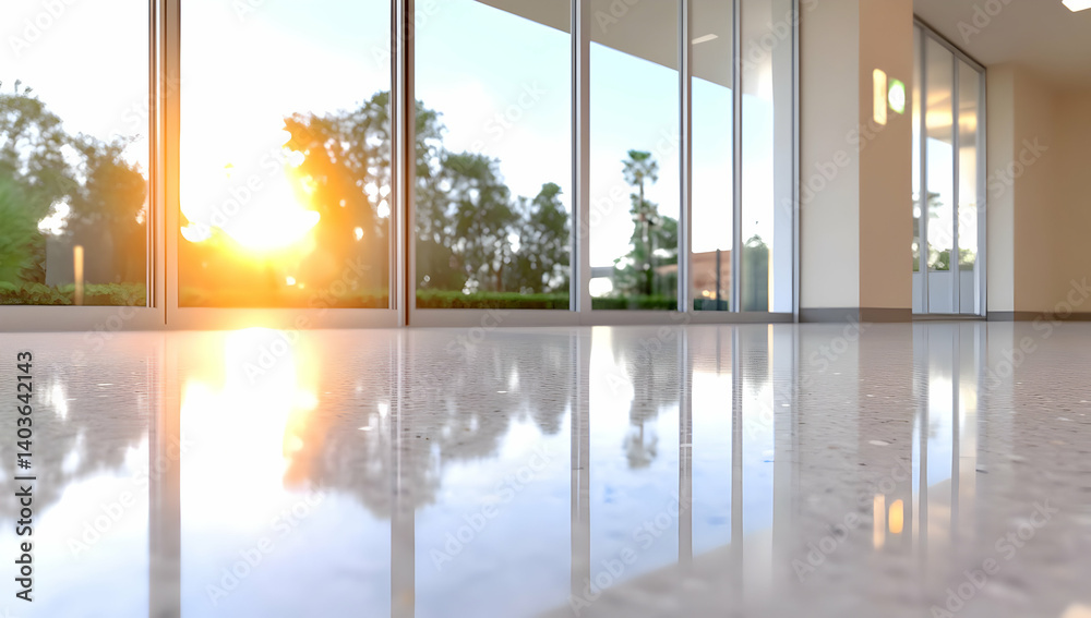 Fototapeta premium Sunlight Streaming Through Office Windows Casting Reflections on Shiny Floor With Trees in Background During Sunset