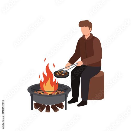 Person cooking food over an open fire with a grill and flames in nature