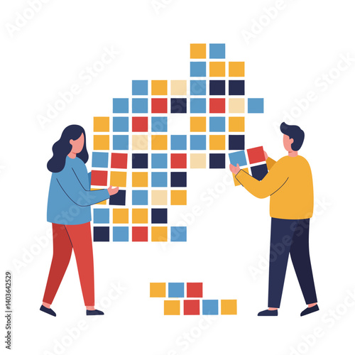 Two people assembling colorful square tiles to create a mosaic wall art piece