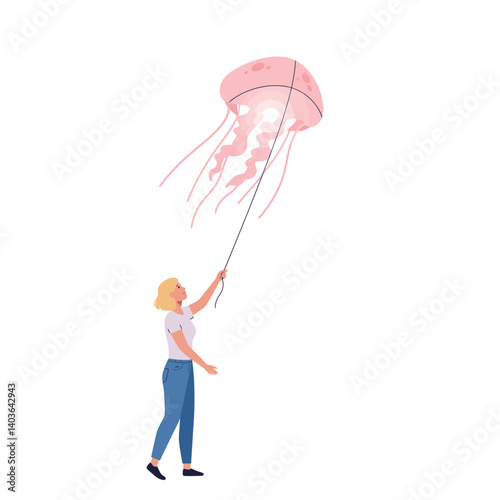 Woman holding a pink jellyfish on a string in a whimsical illustration