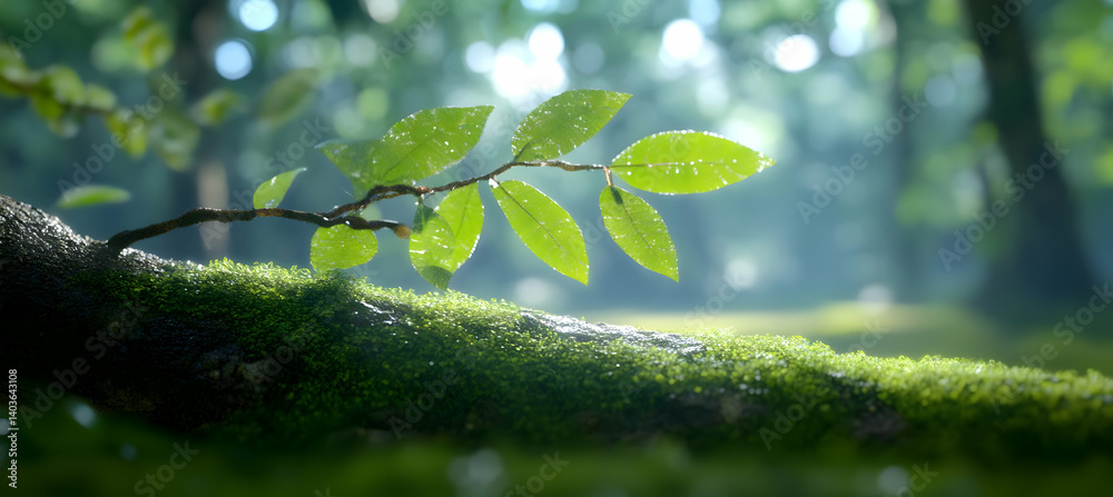 Sunlit Green Leaves on Mossy Branch in Forest with Soft Light in Spring Time