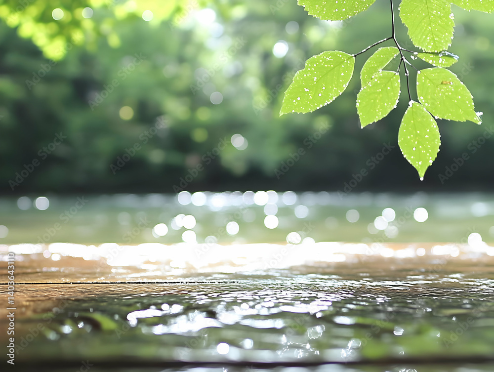 Sunlit Green Leaves Over Wooden Planks Above Sparkling Water with Bokeh Background