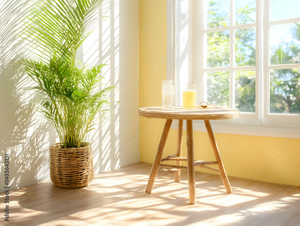 Sunlit Interior with Green Potted Plant Near Round Wooden Table Against a Large Window in a Room with Yellow Walls