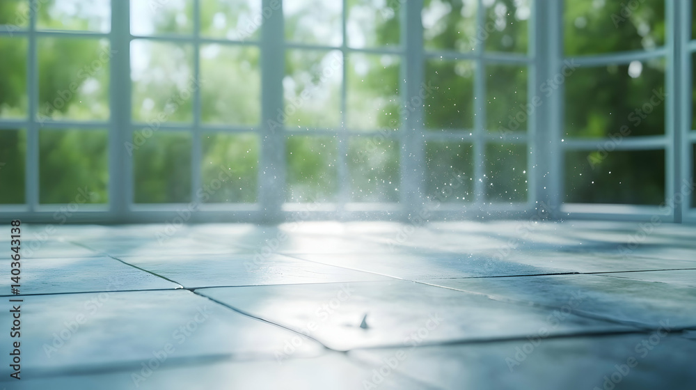 Sunlit Interior with Tiled Floor and White Framed Window Overlooking Greenery on a Bright Day
