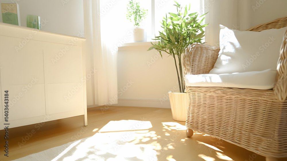 Sunlit Interior with Wicker Chair White Cabinet and Potted Plants Creating a Relaxing Home Ambiance With Natural Light