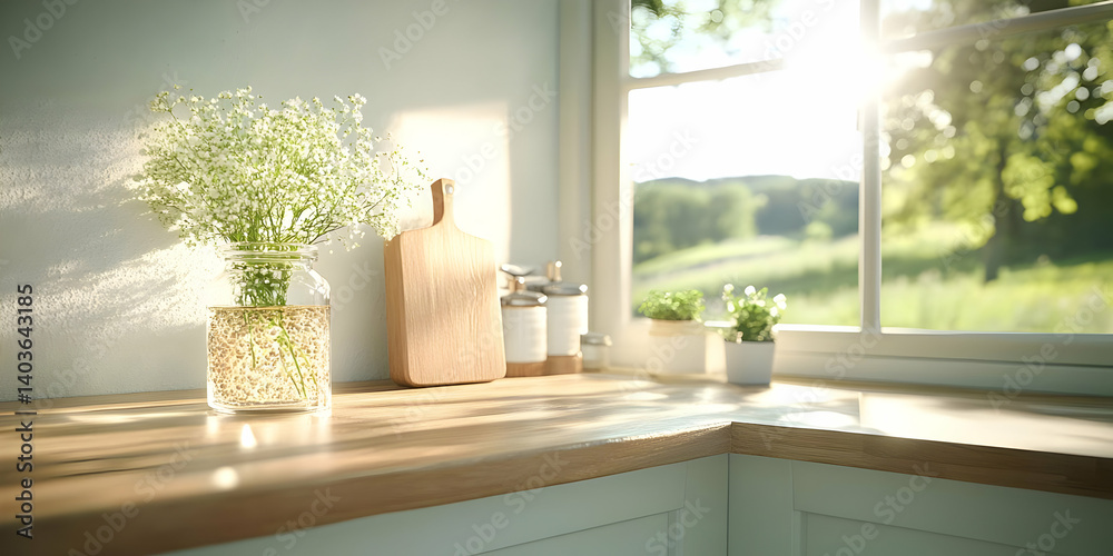Sunlit Kitchen Counter with White Flowers in Clear Jar and Rural View through Window on a Bright Sunny Day