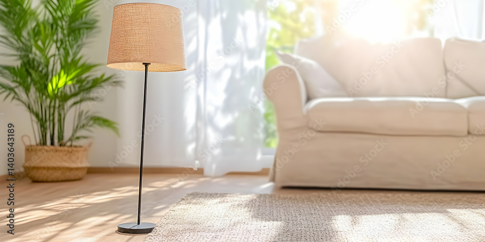 Sunlit Living Room Scene Featuring Cream Sofa and Stylish Floor Lamp Against White Curtain Background