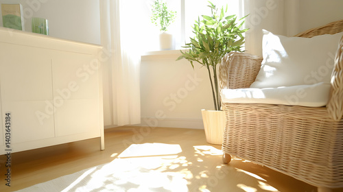 Obraz na płótnie Sunlit Interior with Wicker Chair White Cabinet and Potted Plants Creating a Relaxing Home Ambiance With Natural Light w salonie