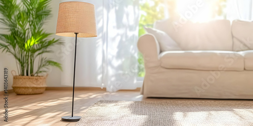 Obraz na płótnie Sunlit Living Room Scene Featuring Cream Sofa and Stylish Floor Lamp Against White Curtain Background w salonie