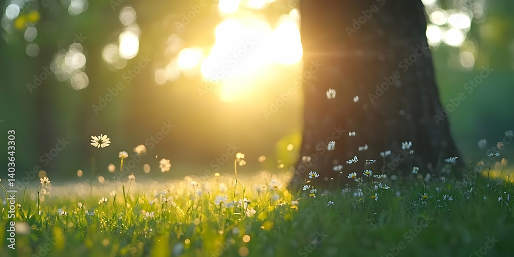 Sunlit Meadow with Daisies and a Large Tree in a Serene Nature Scene With Bokeh Background