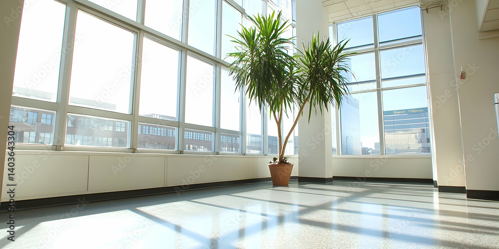 Sunlit Lobby with Marble Floors Featuring Large Windows and Potted Plant Accenting a High Rise Building Interior