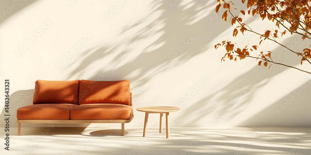 Sunlit Modern Interior with Orange Couch and Small Table Against Beige Wall with Shadow Patterns and Orange Leaves