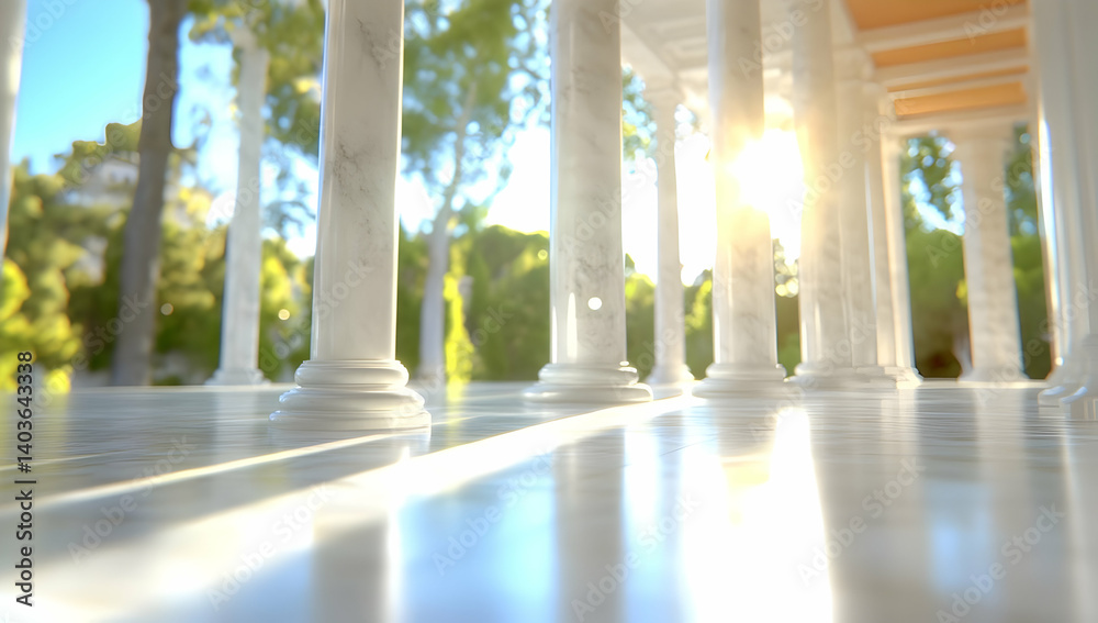 Sunlit Marble Columns Creating a Majestic Pathway with Lush Green Background