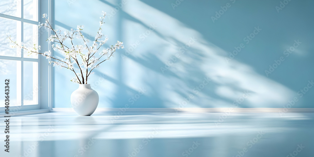 Sunlit Modern Room Interior with White Vase Flowers by Window against Blue Wall for Interior Decor and Backgrounds