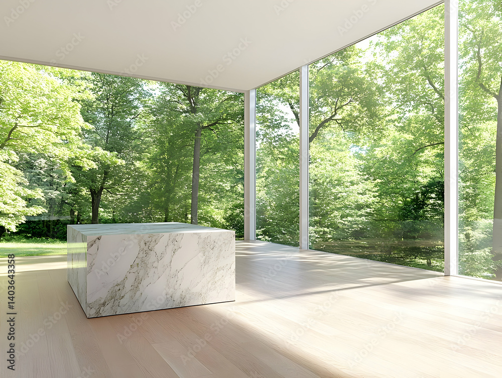 Sunlit Modern Minimalist Interior with Marble Table Glass Windows and Green Trees in the Background