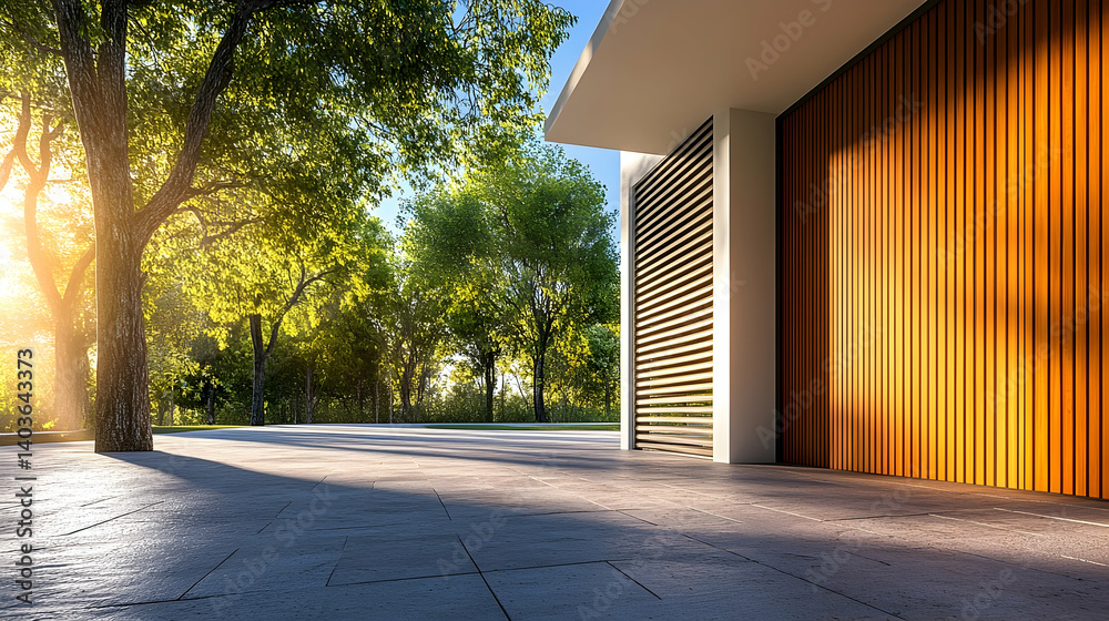 Sunlit Modern Wood Building Exterior with Green Trees and Warm Sunlight