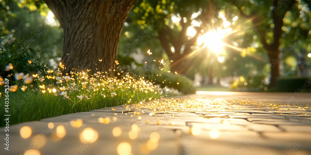 Sunlit Pathway with Grass and Trees in Golden Hour Beautiful Sunny Nature Scene with Cobblestone Path Outdoor Park with Blurred Background