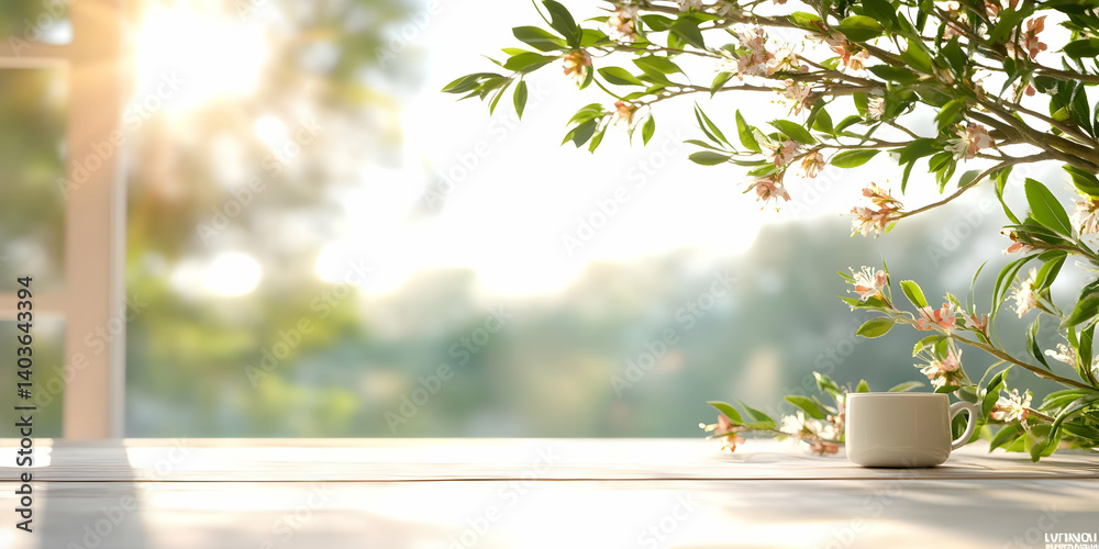 Sunlit Morning Still Life White Cup and Blossoming Branch on Wooden Table by the Window with Soft Sunlight and Nature Background