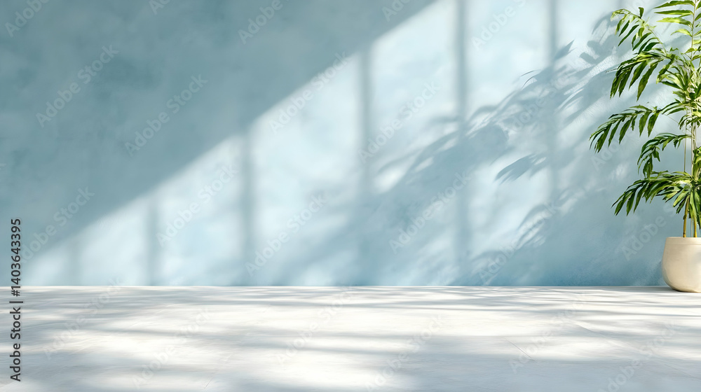 Sunlit Plant Casting Shadows on a Light Blue Wall in a Minimalist Interior with Concrete Floor