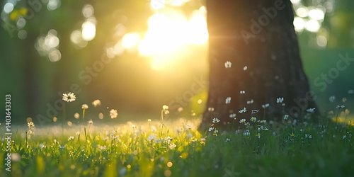 Obraz na płótnie Sunlit Meadow with Daisies and a Large Tree in a Serene Nature Scene With Bokeh Background w salonie