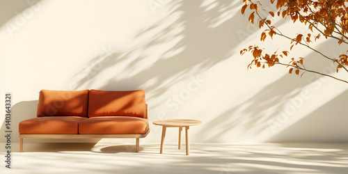 Obraz na płótnie Sunlit Modern Interior with Orange Couch and Small Table Against Beige Wall with Shadow Patterns and Orange Leaves w salonie