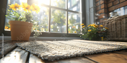 Sunlit Interior with Yellow Flowers in Pot Near Brick Wall and Woven Basket on Wood Floor
