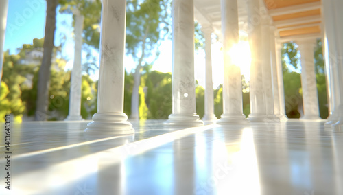 Sunlit Marble Columns Creating a Majestic Pathway with Lush Green Background