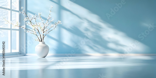 Obraz na płótnie Sunlit Modern Room Interior with White Vase Flowers by Window against Blue Wall for Interior Decor and Backgrounds w salonie