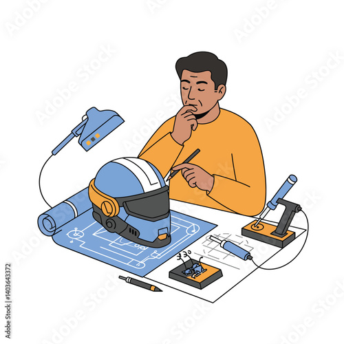 Man designing a futuristic helmet with tools and blueprints on the table