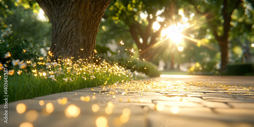 Obraz na płótnie Sunlit Pathway with Grass and Trees in Golden Hour Beautiful Sunny Nature Scene with Cobblestone Path Outdoor Park with Blurred Background w salonie