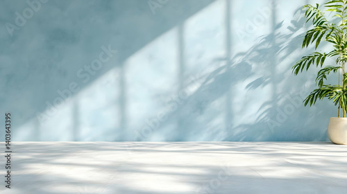 Obraz na płótnie Sunlit Plant Casting Shadows on a Light Blue Wall in a Minimalist Interior with Concrete Floor w salonie