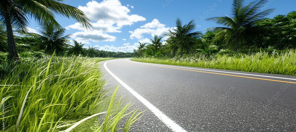 Sunlit Road Lined with Palm Trees Under a Clear Blue Sky in a Tropical Landscape
