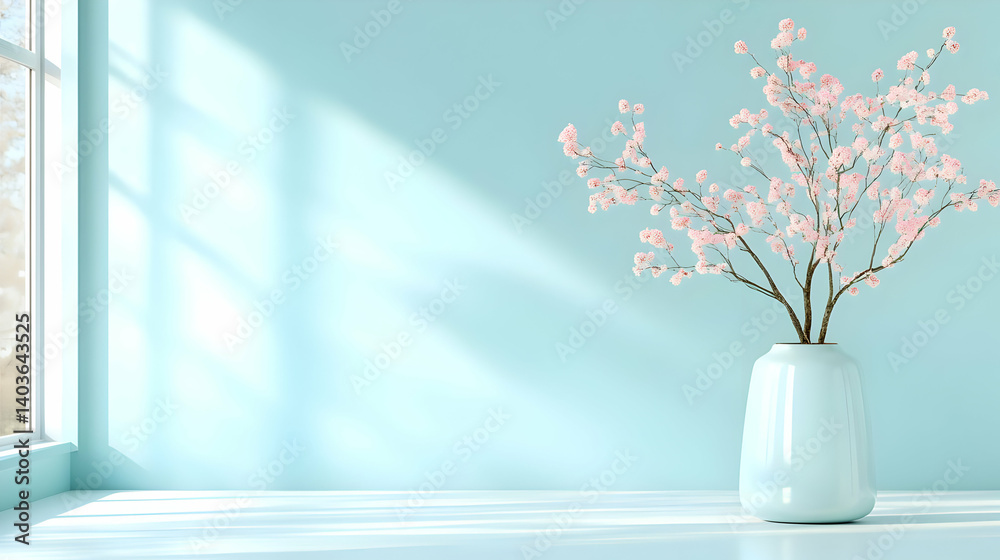 Sunlit Room with Blooming Pink Blossom Branch in White Vase on Table Near Window