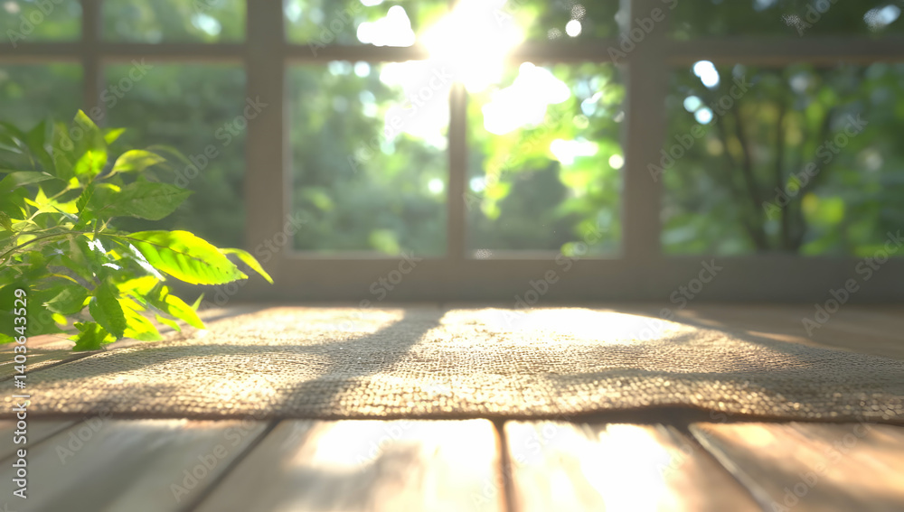 Sunlit Room Interior with Wooden Floor and a Green Plant Against Bright Window