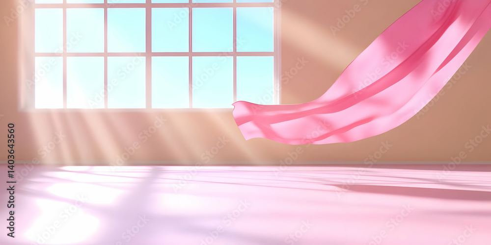Sunlit Room with Flowing Pink Curtain Against a Large Window with Blue Sky Background and Soft Light