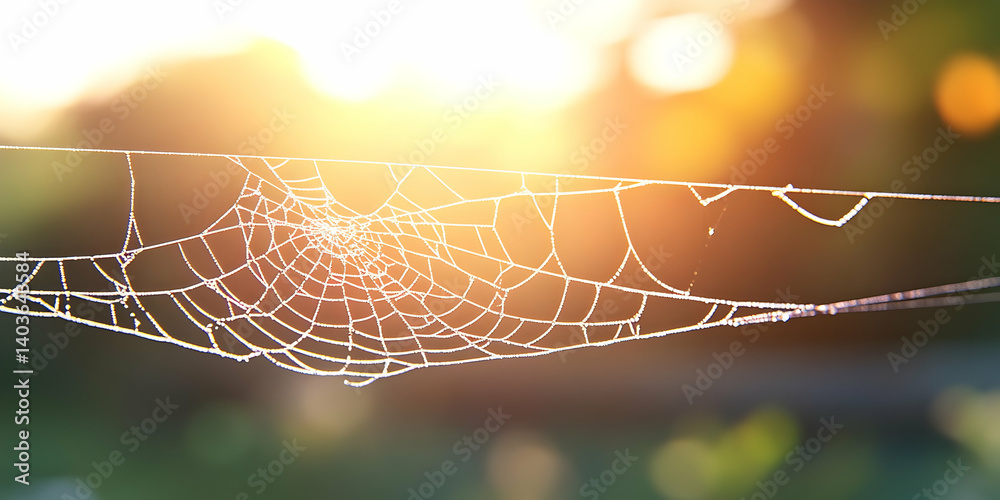 Sunlit Spiderweb Covered with Dew Drops on a Sunny Morning in a Natural Green and Brown Blurred Background