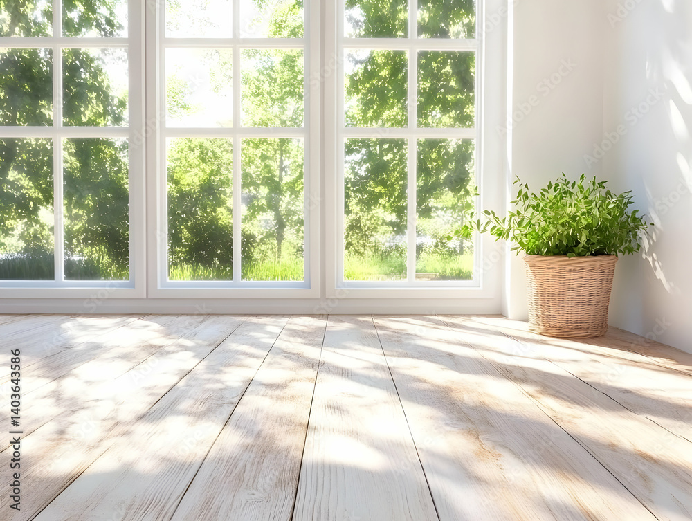 Sunlit Room with White Wooden Floor and Green Potted Plant by Large Window Overlooking Lush Green Trees
