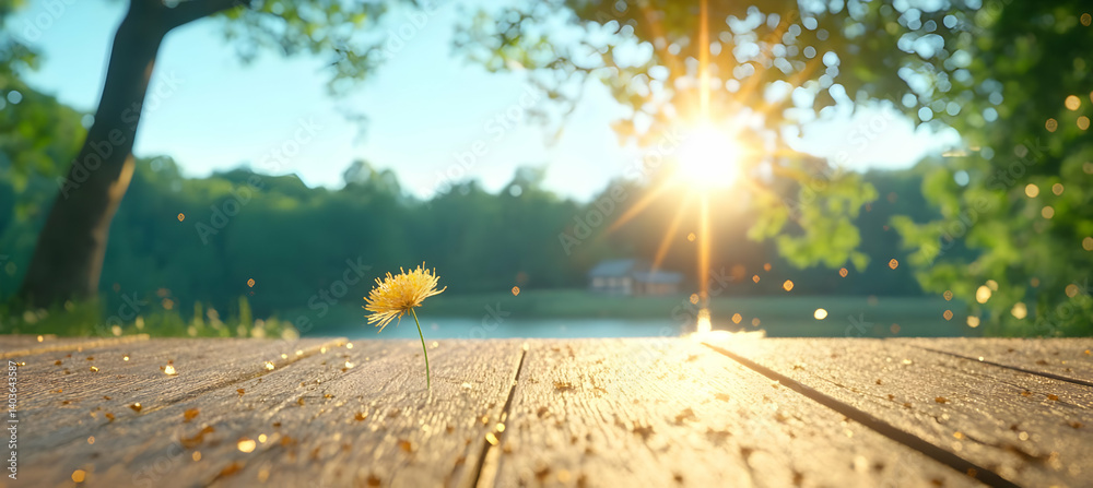Sunlit Serene Lake with Wooden Surface and Warm Glowing Light in a Natural Green Environment During a Beautiful Day