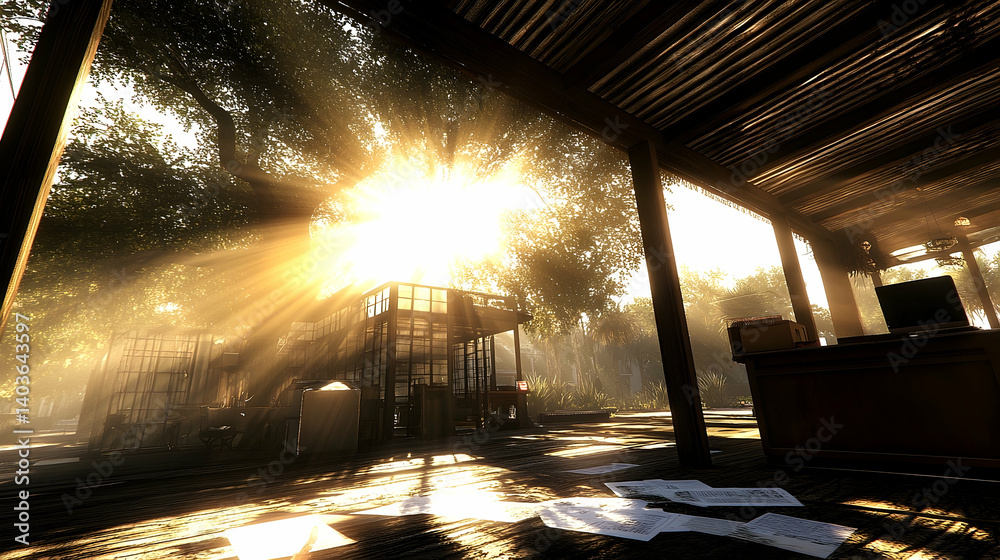 Sunlit Rural Building with Pixelated Texture Under Open Sky and Shaded Structure Surrounded by Trees in Countryside