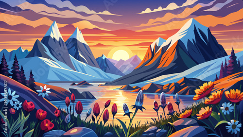 Wallpaper norway landscape nature of the mountains of Spitsbergen Longyearbyen Svalbard on a flowers polar day with arctic summer in the sunset