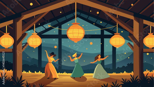 The lanterns hanging from the rafters of a rustic barn cast a warm glow on the dancers below creating a magical ambiance for a countryside dance.