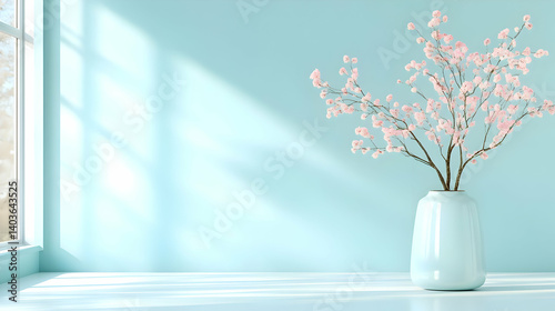 Obraz na płótnie Sunlit Room with Blooming Pink Blossom Branch in White Vase on Table Near Window w salonie