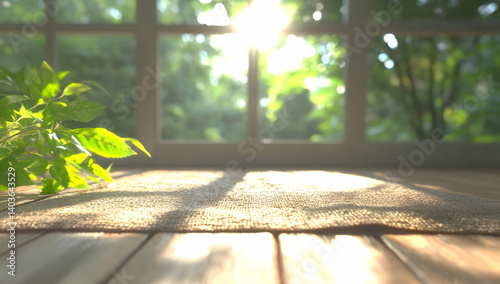Obraz na płótnie Sunlit Room Interior with Wooden Floor and a Green Plant Against Bright Window w salonie
