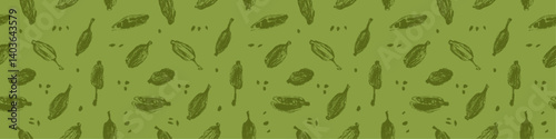 Seamless hand-drawn pattern with cardamom pods and seeds. Vintage botanical illustration in green and olive tones for packaging, fabric, kitchen decor, and organic product branding.