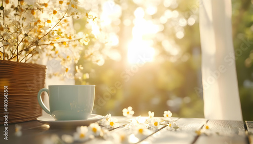Sunlit Scene with Coffee Cup and Daisies on Wooden Table Near a Window with Bokeh Background